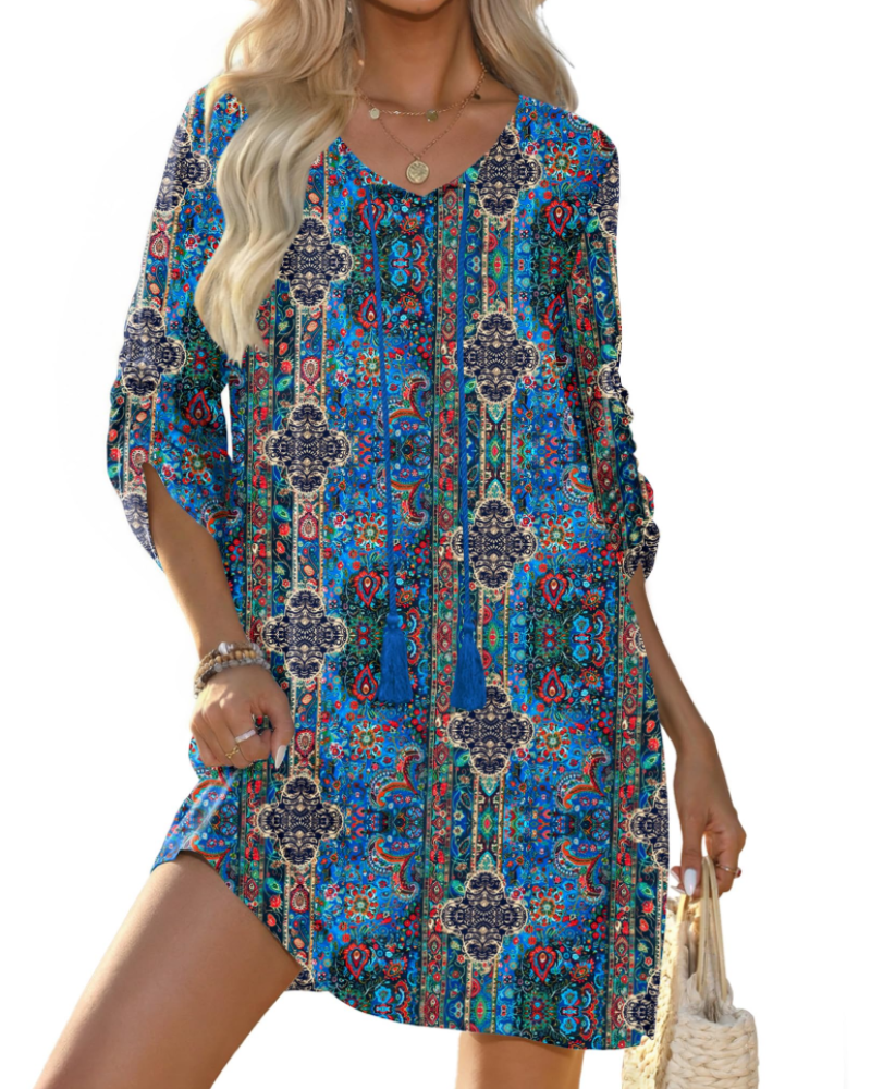 Robe bohème femme | coupe tunique | col en v | pour les vacances