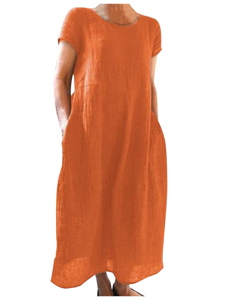 Robe longue femme | coton lin — manches courtes — usage quotidien