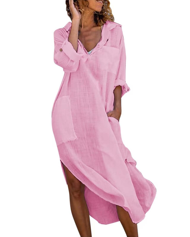 Robe chemise longue en coton et lin | boutonnée | coupe ample | bureau
