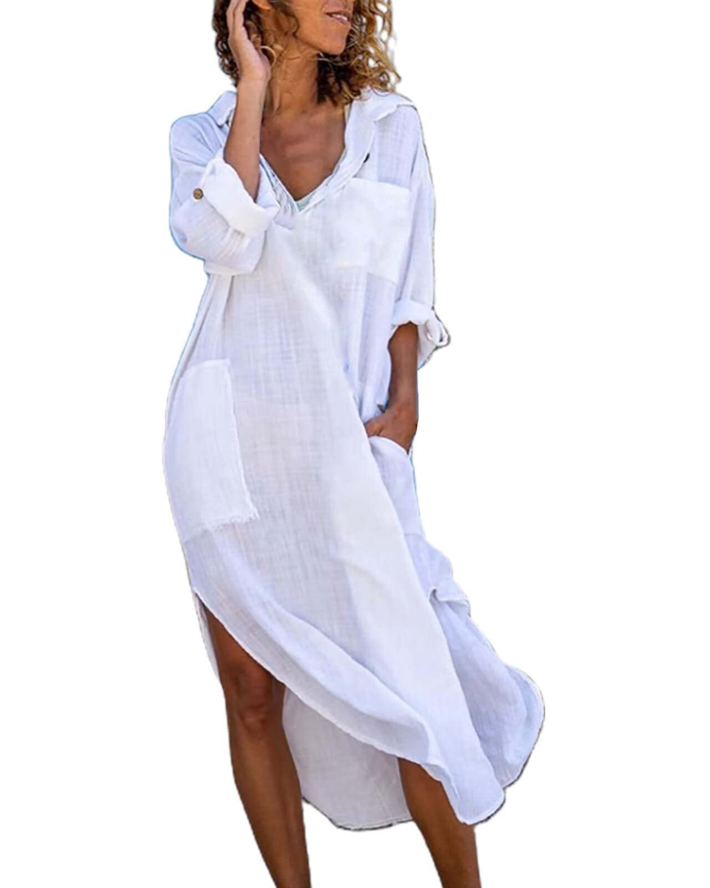 Robe chemise longue en coton et lin | boutonnée | coupe ample | bureau
