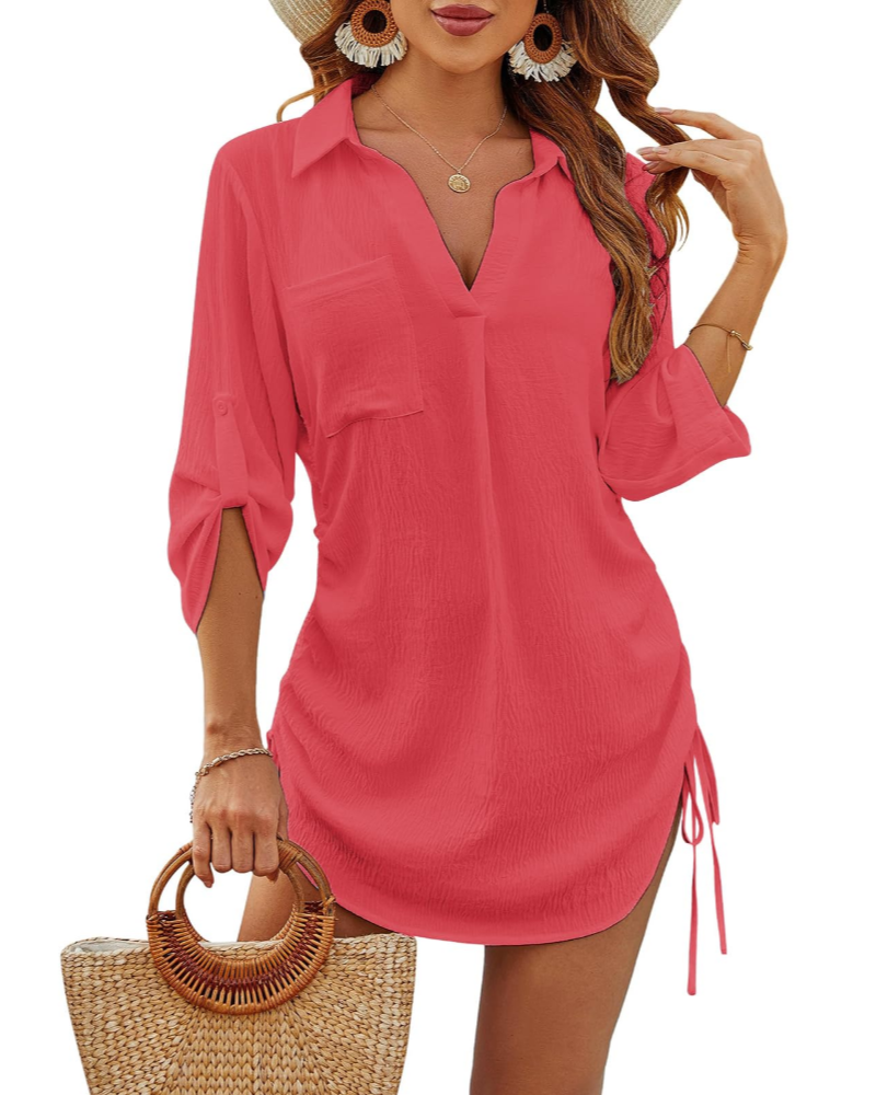 Tunique de plage femme | col chemise | ajustement avec cordon | pour les vacances