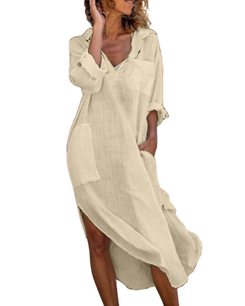 Robe chemise longue en coton et lin | boutonnée | coupe ample | bureau