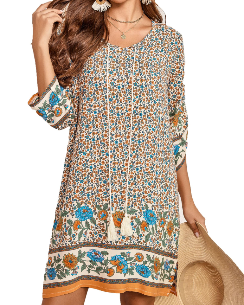 Robe bohème femme | coupe tunique | col en v | pour les vacances