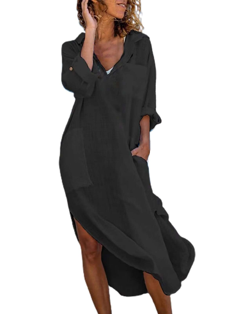 Robe chemise longue en coton et lin | boutonnée | coupe ample | bureau