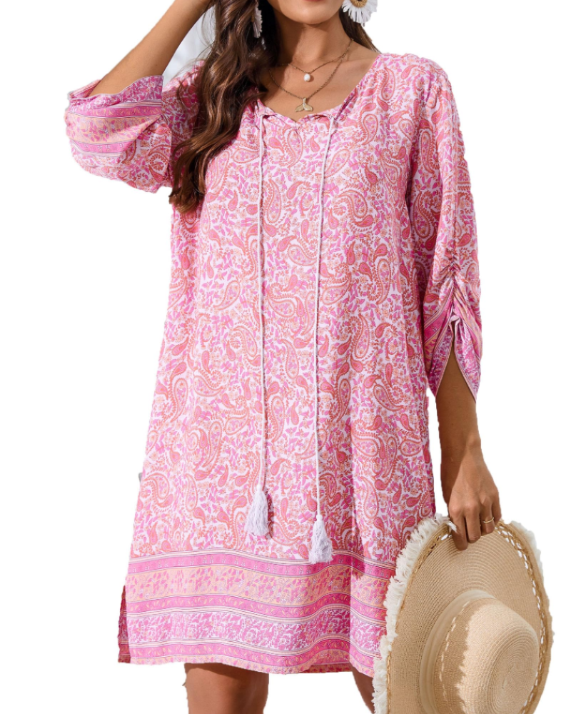 Robe bohème femme | coupe tunique | col en v | pour les vacances