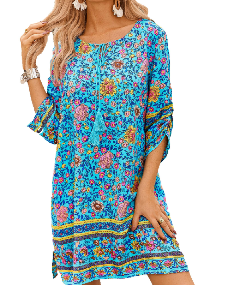 Robe bohème femme | coupe tunique | col en v | pour les vacances