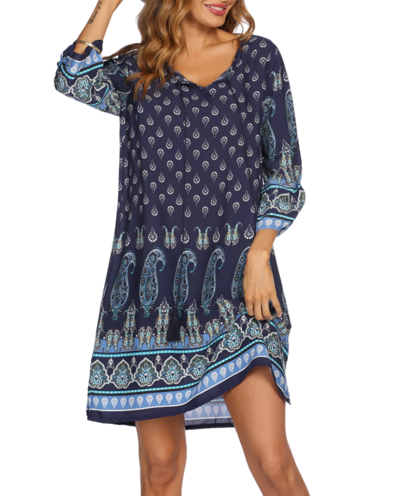 Robe bohème femme | coupe tunique | col en v | pour les vacances
