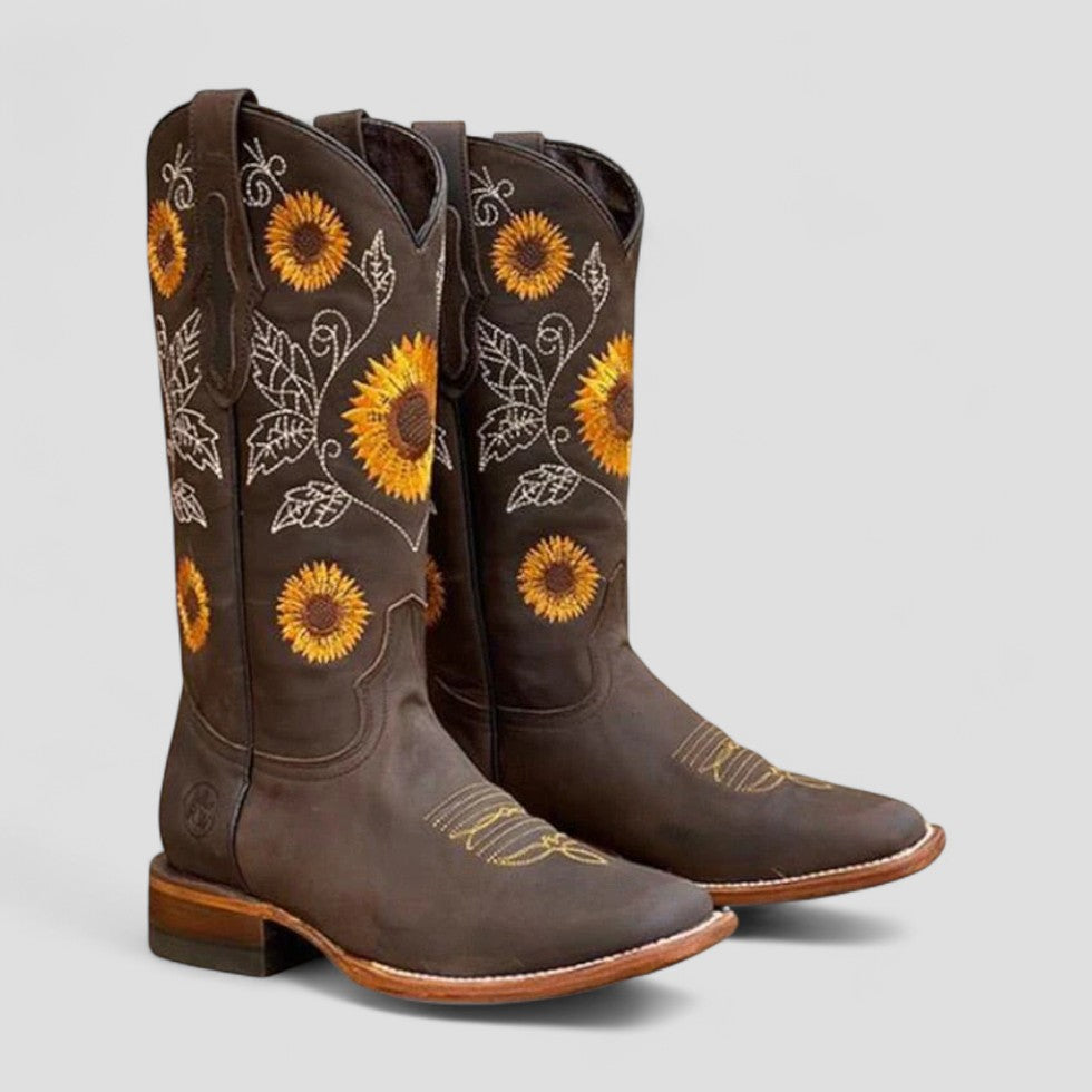 Bottes de cowgirl brodées florales pour femmes avec talon bloc bas
