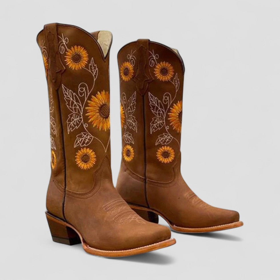 Bottes de cowgirl brodées florales pour femmes avec talon bloc bas