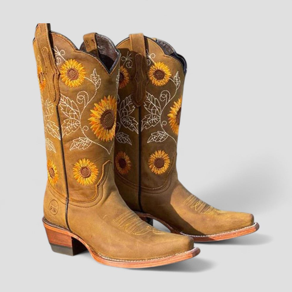 Bottes de cowgirl brodées florales pour femmes avec talon bloc bas