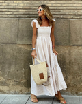 Robe Maxi Gingham Smockée d'Été avec Manches Volantes