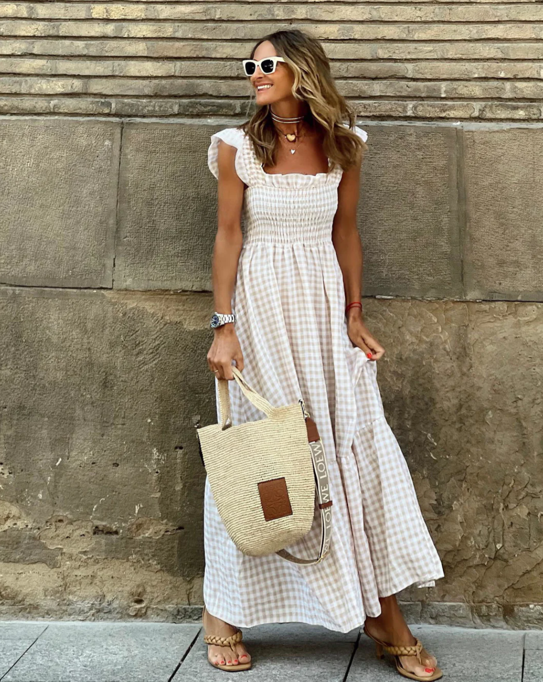 Robe Maxi Gingham Smockée d'Été avec Manches Volantes
