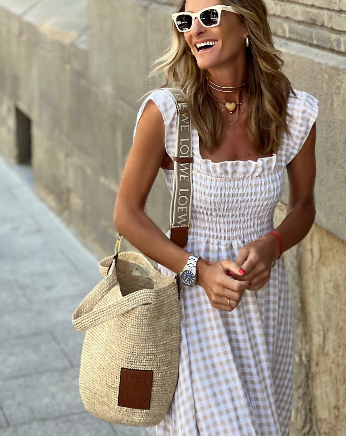Robe Maxi Gingham Smockée d'Été avec Manches Volantes