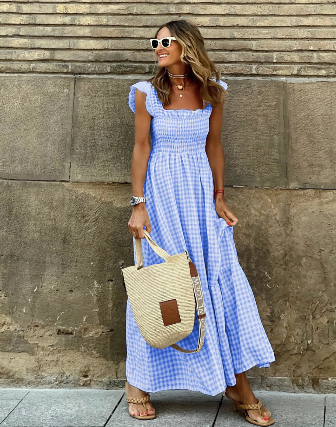 Robe Maxi Gingham Smockée d'Été avec Manches Volantes
