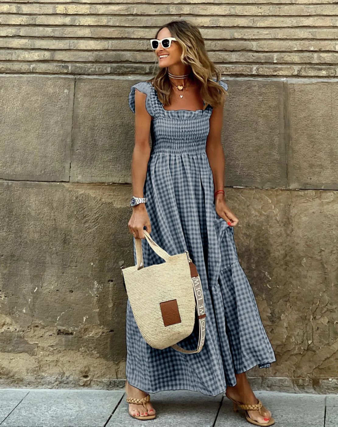Robe Maxi Gingham Smockée d'Été avec Manches Volantes