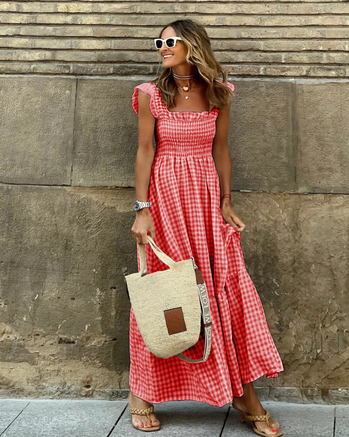 Robe Maxi Gingham Smockée d'Été avec Manches Volantes