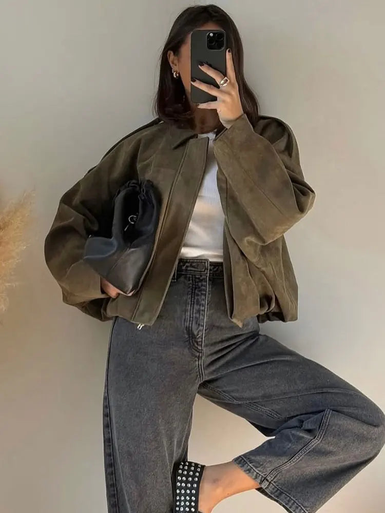 Veste Bomber en Suède pour Femmes Élégante – Marron Vert Look Vintage