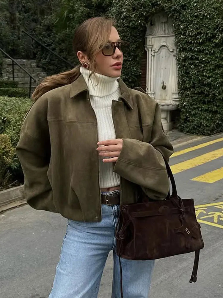 Veste Bomber en Suède pour Femmes Élégante – Marron Vert Look Vintage