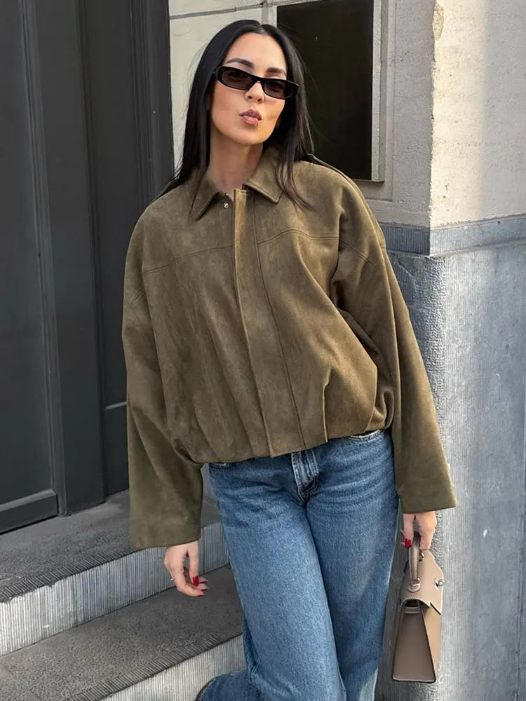 Veste Bomber en Suède pour Femmes Élégante – Marron Vert Look Vintage