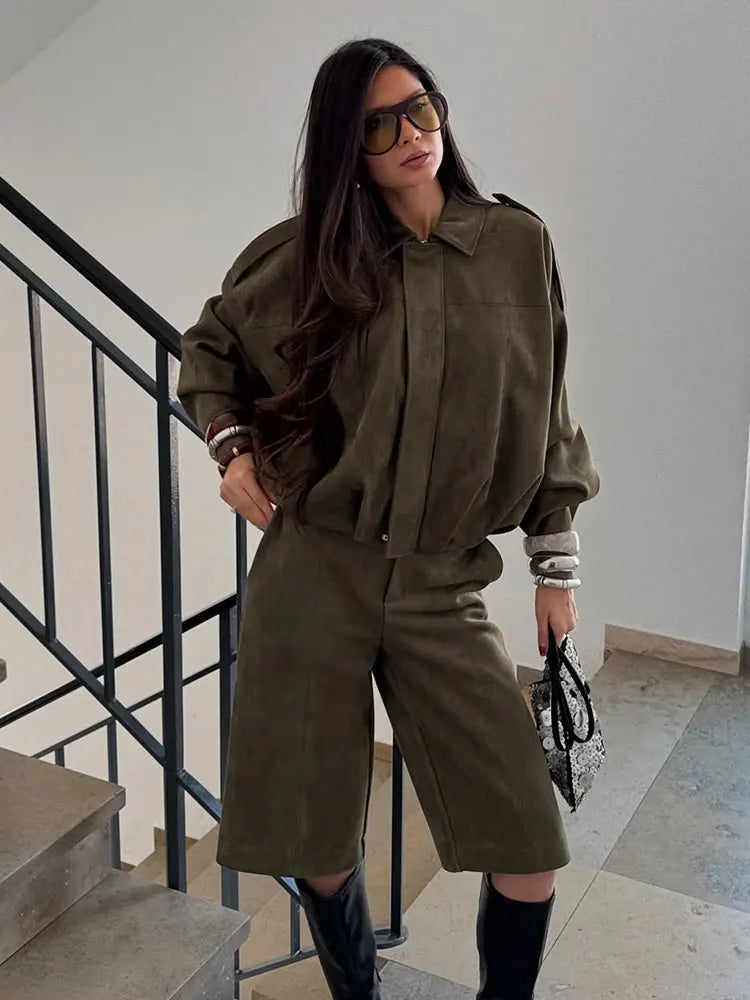 Veste Bomber en Suède pour Femmes Élégante – Marron Vert Look Vintage