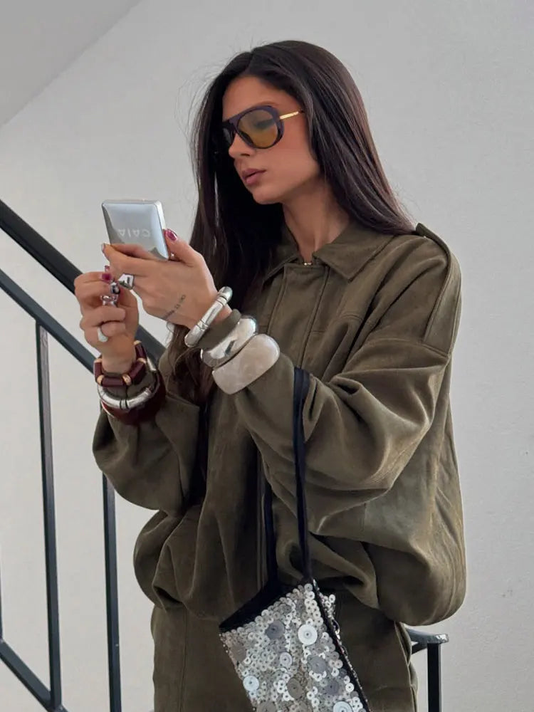 Veste Bomber en Suède pour Femmes Élégante – Marron Vert Look Vintage