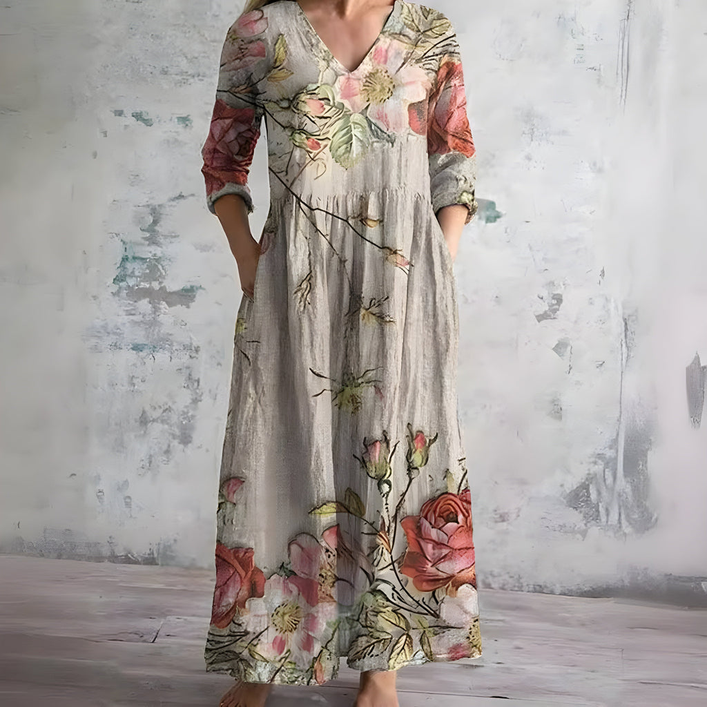 Robe Maxi Fleurie à Col V Flottante d'Été
