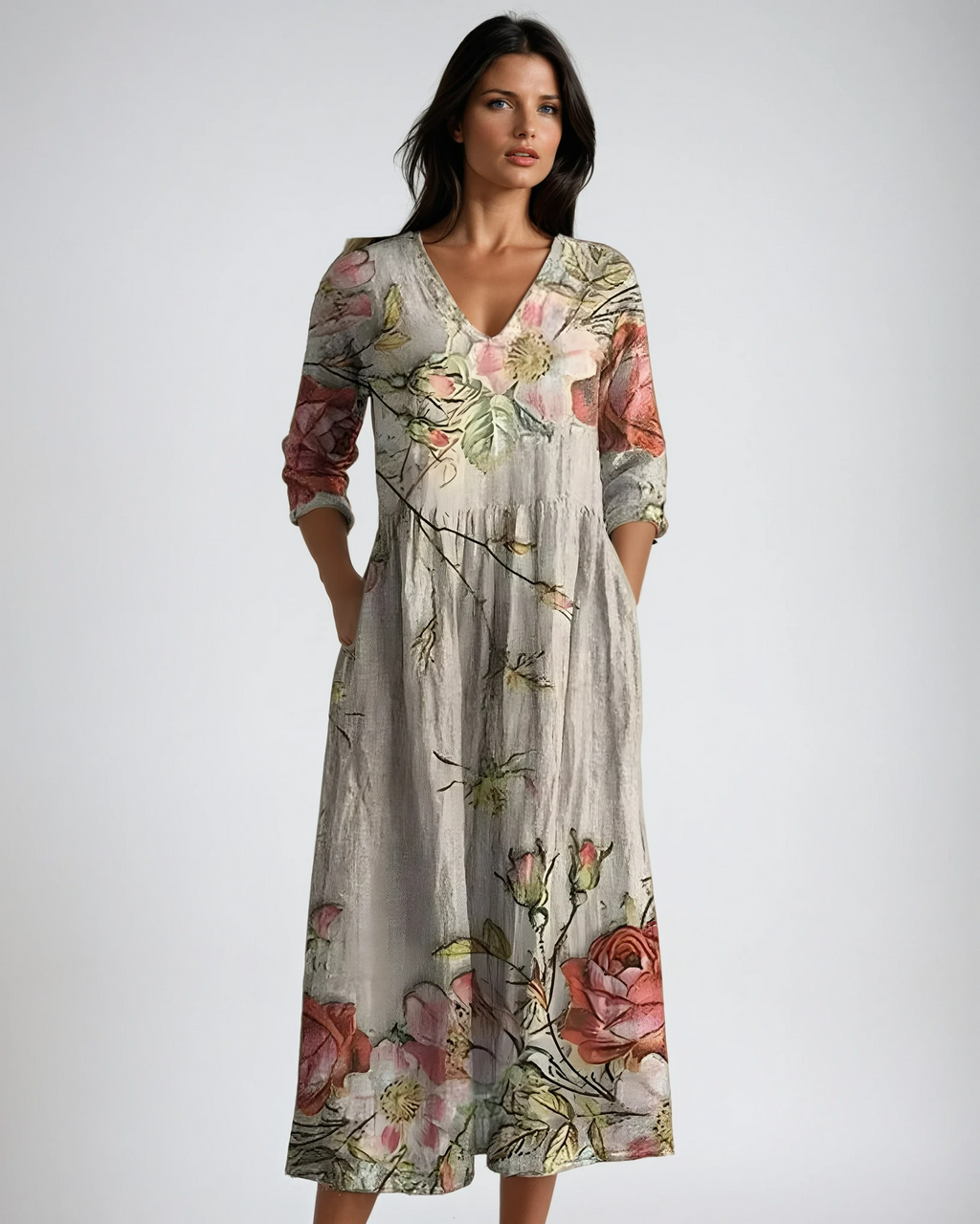 Robe Maxi Fleurie à Col V Flottante d'Été