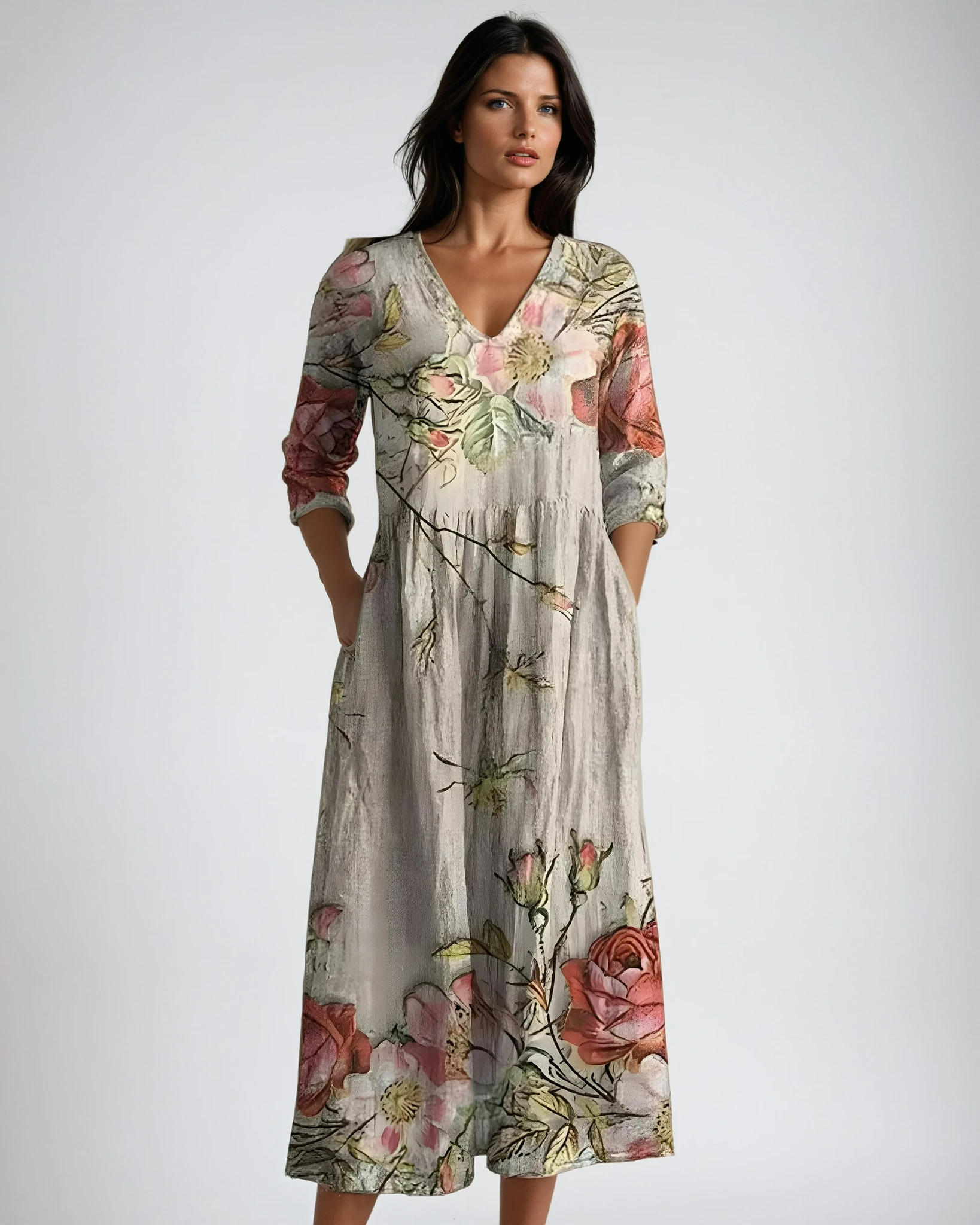 Robe Maxi Fleurie à Col V Flottante d'Été