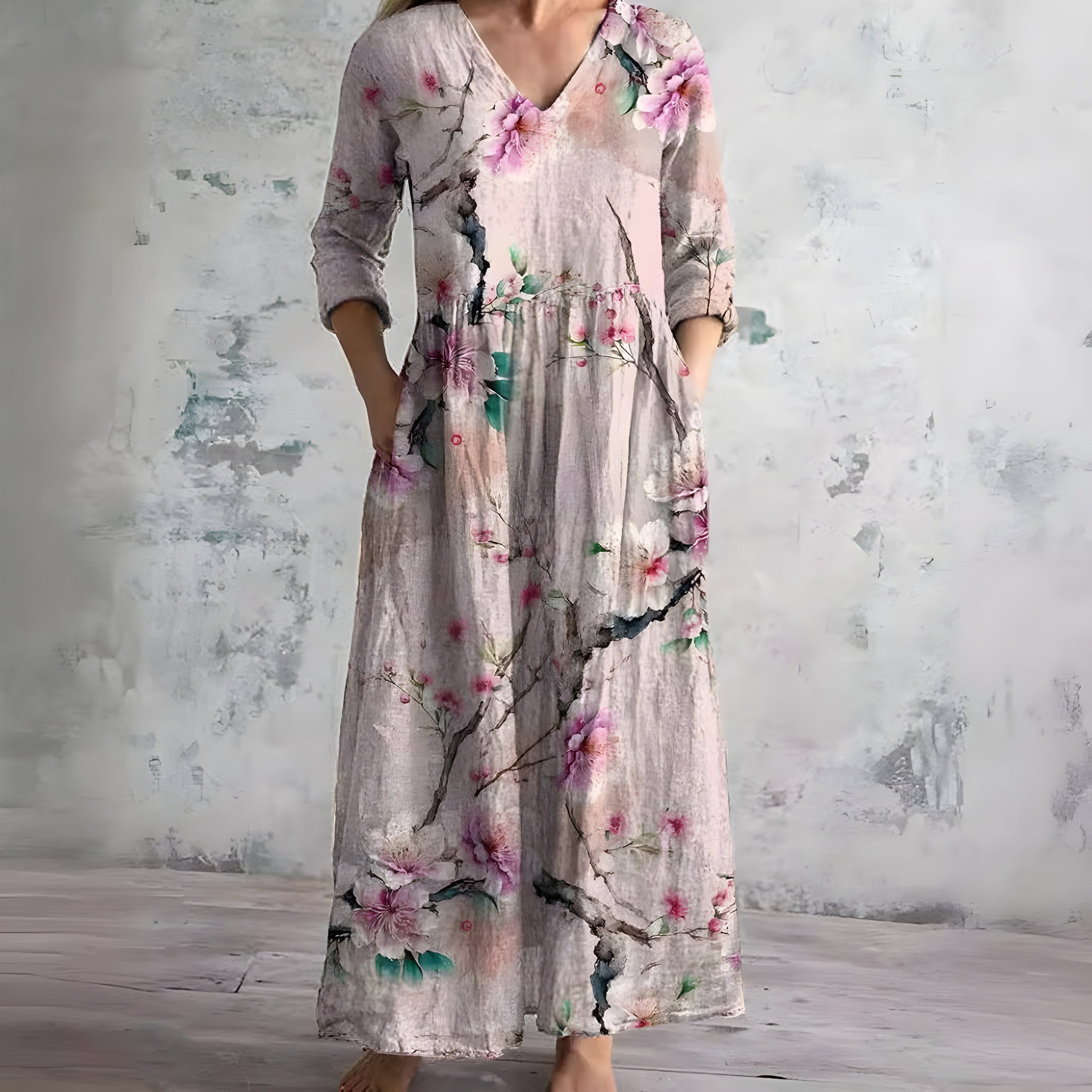 Robe Maxi Fleurie à Col V Flottante d'Été