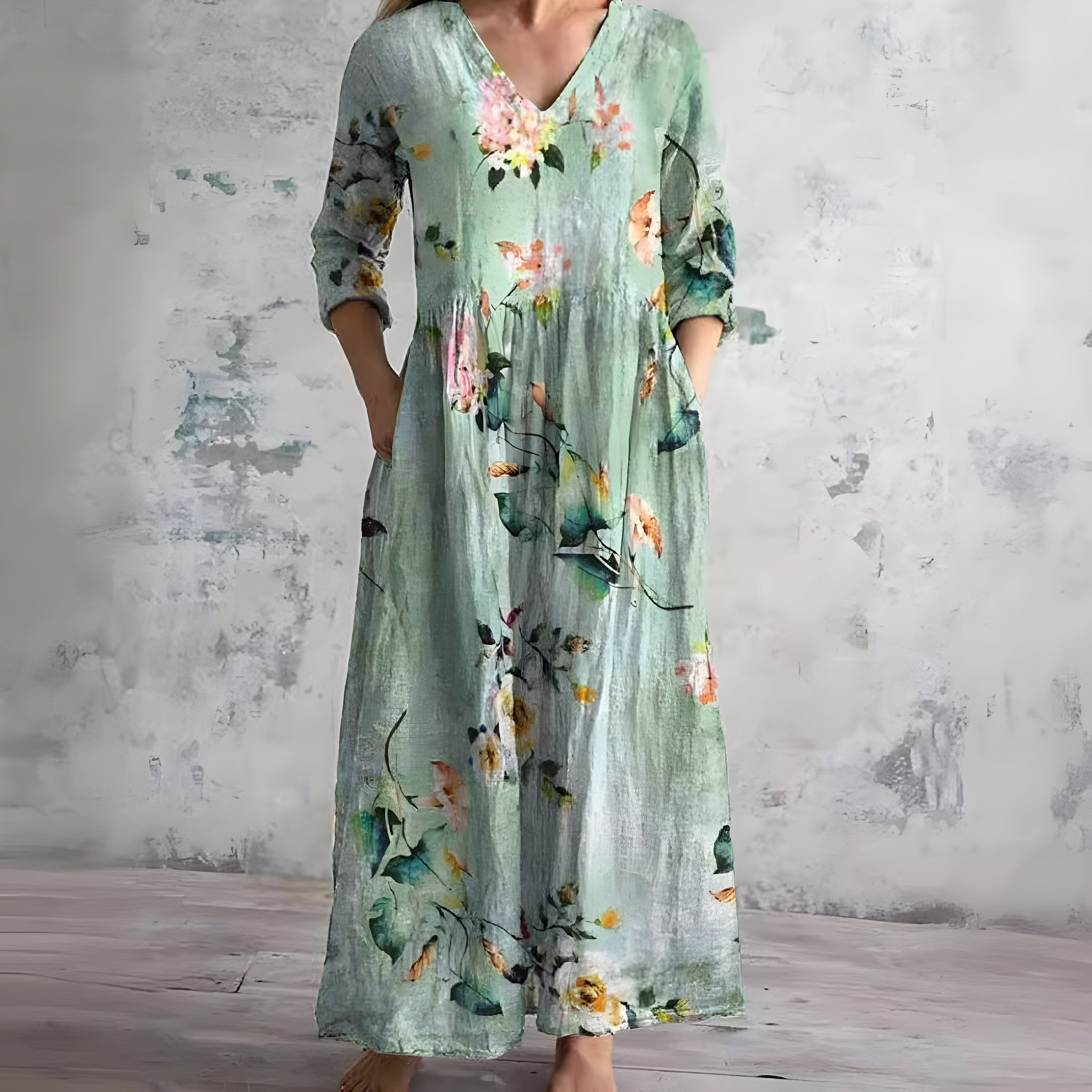 Robe Maxi Fleurie à Col V Flottante d'Été