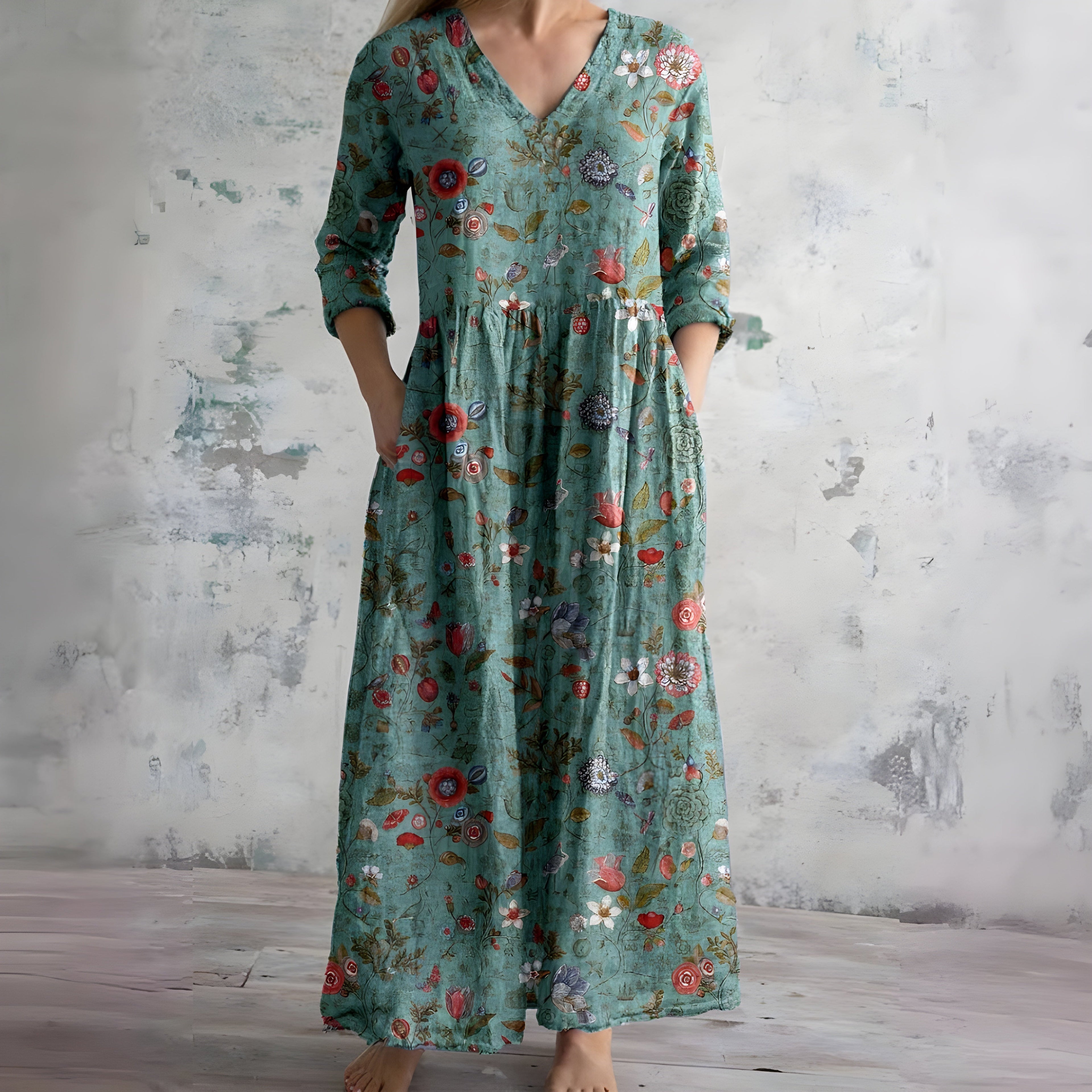 Robe Maxi Fleurie à Col V Flottante d'Été