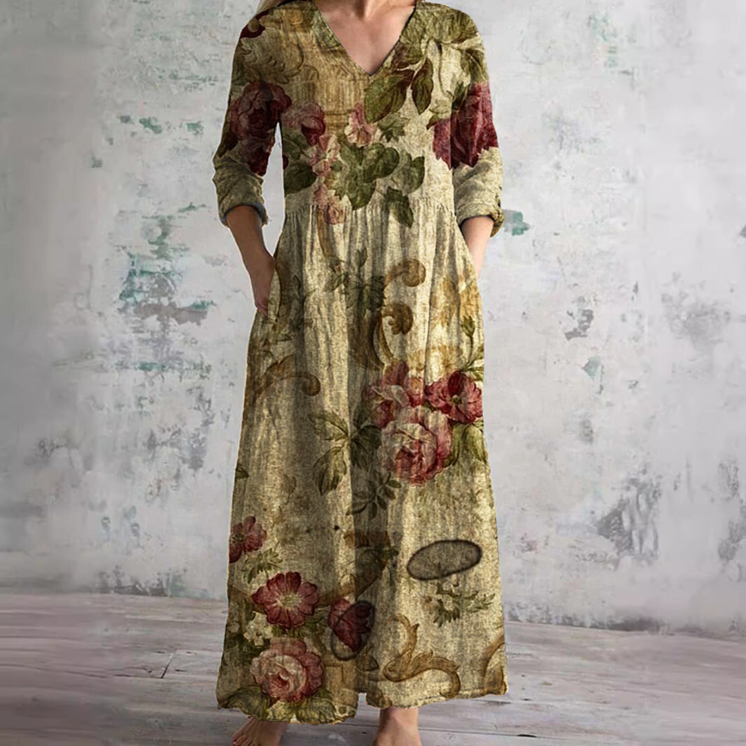 Robe Maxi Fleurie à Col V Flottante d'Été