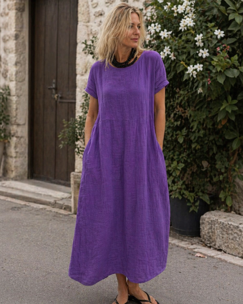 Robe longue femme | coton lin — manches courtes — usage quotidien