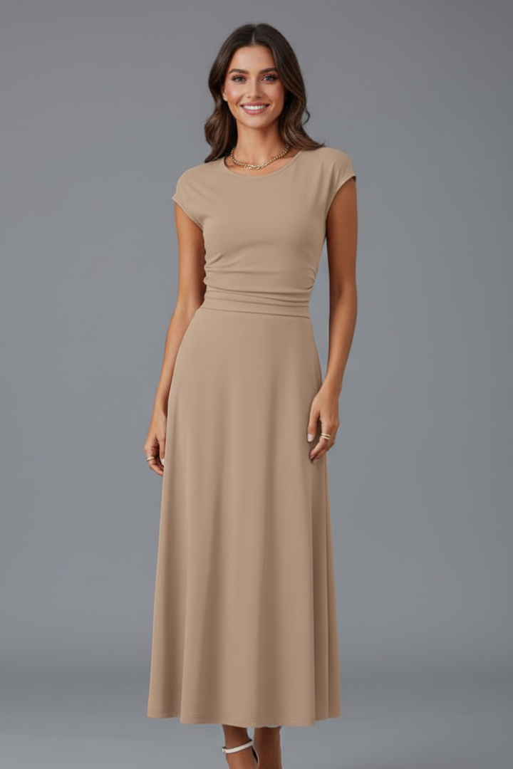 Robe midi pour femmes avec taille haute et manches courtes