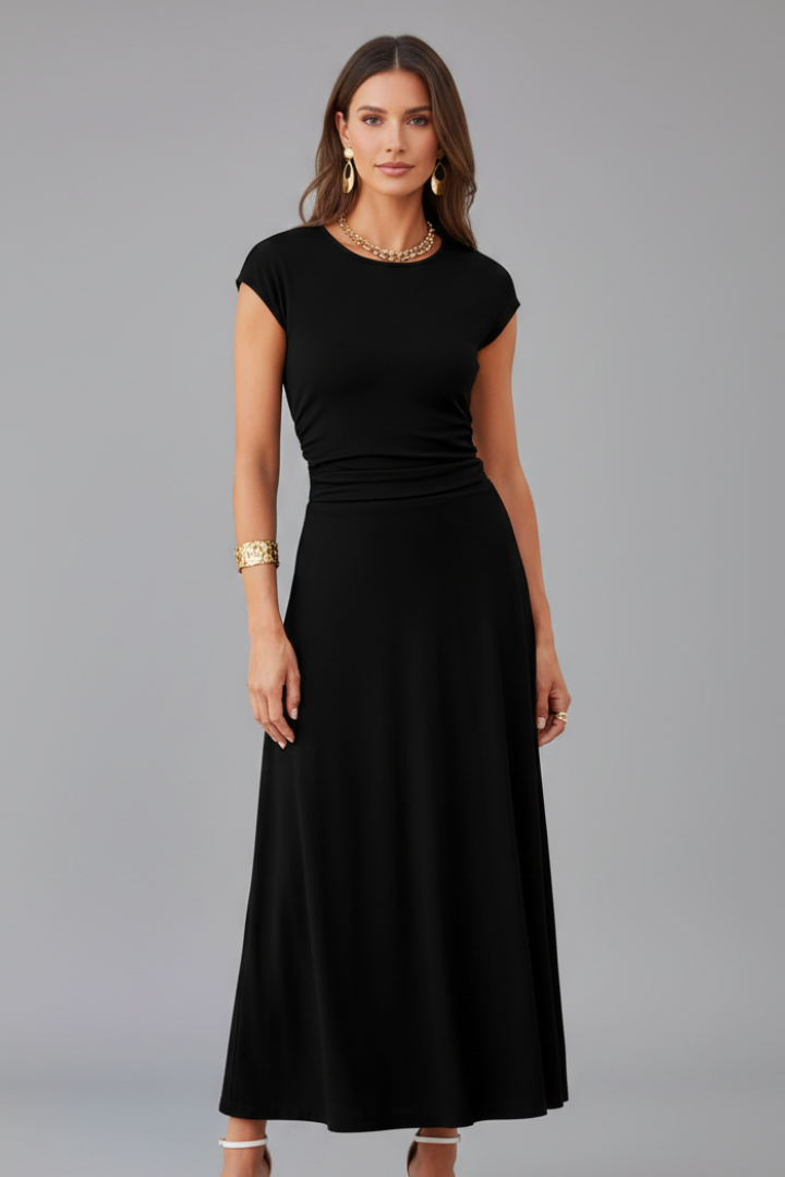 Robe midi pour femmes avec taille haute et manches courtes