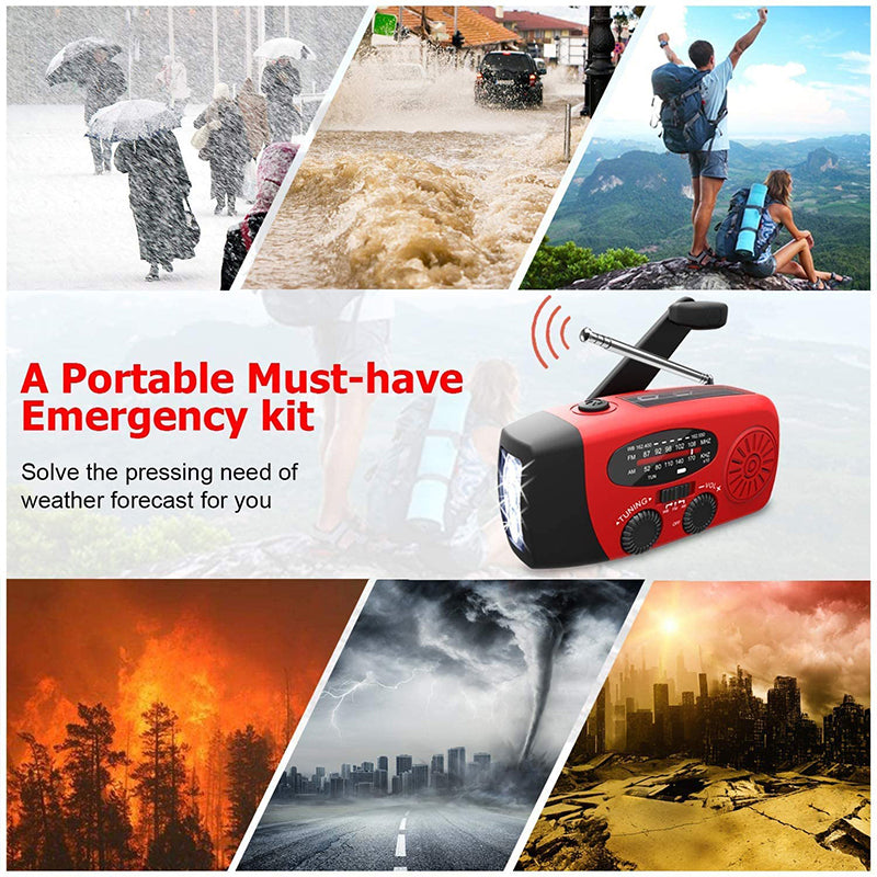 Radio d'Urgence Autonome – Manivelle, Solaire, Lampe de Poche & Batterie Externe – Radio FM/AM, Indispensable en Cas de Catastrophes et d'Urgences