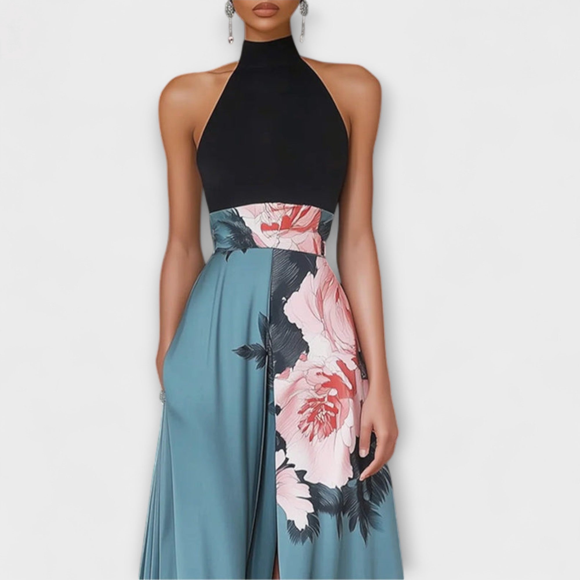 Robe Longue de Soirée avec Col Haut et Jupe Évasée à Imprimé Floral