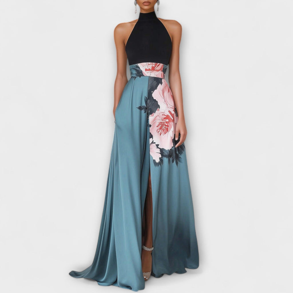 Robe Longue de Soirée avec Col Haut et Jupe Évasée à Imprimé Floral