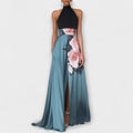 Robe Longue de Soirée avec Col Haut et Jupe Évasée à Imprimé Floral