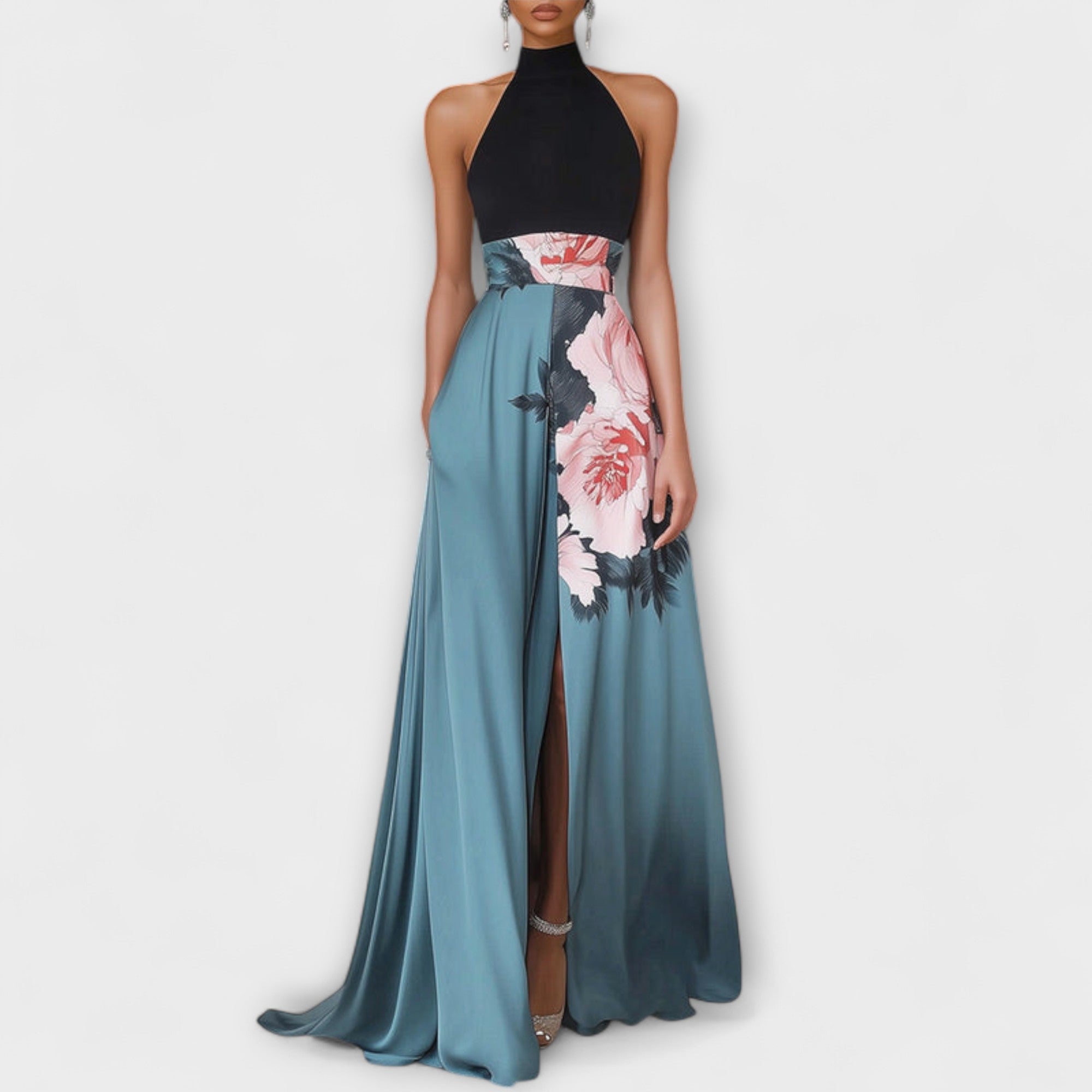 Robe Longue de Soirée avec Col Haut et Jupe Évasée à Imprimé Floral
