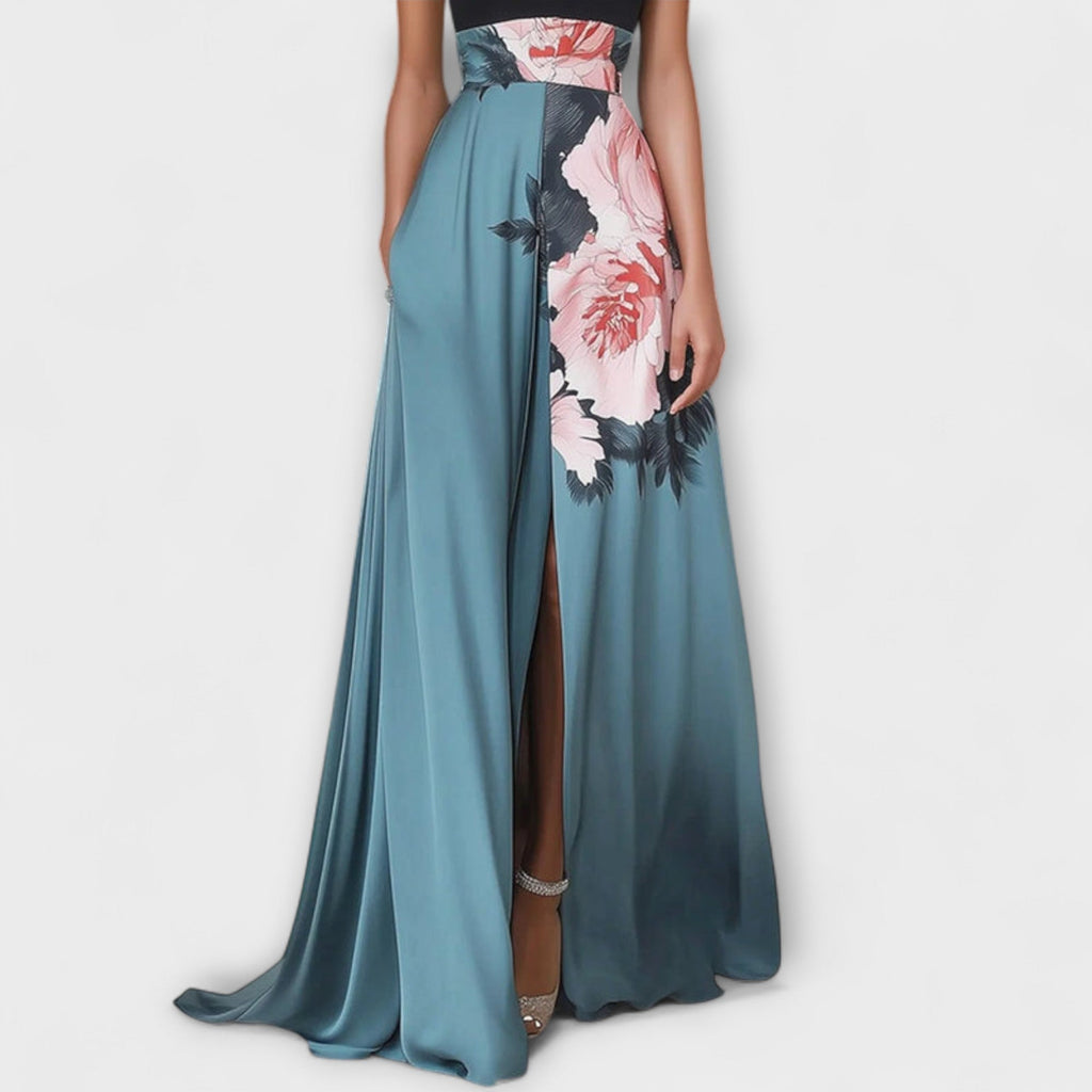 Robe Longue de Soirée avec Col Haut et Jupe Évasée à Imprimé Floral