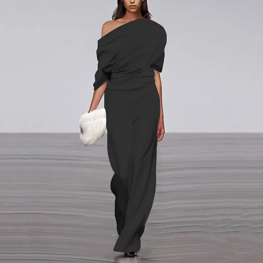 Monos Long Élégant à Épaule Découverte et Pantalon Large pour Femme