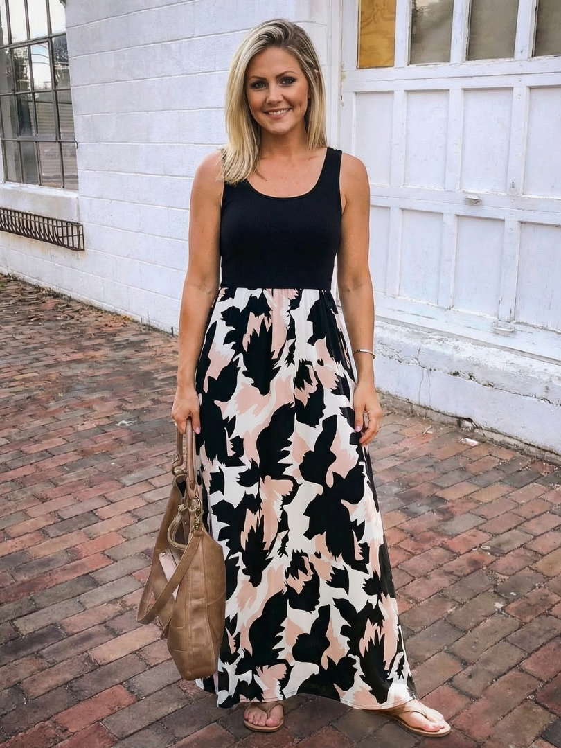 Zéphira | Robe maxi imprimée sans manches à encolure dégagée
