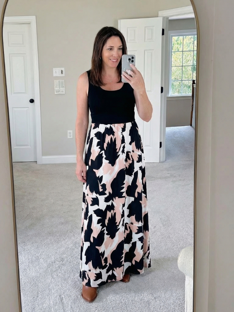 Zéphira | Robe maxi imprimée sans manches à encolure dégagée