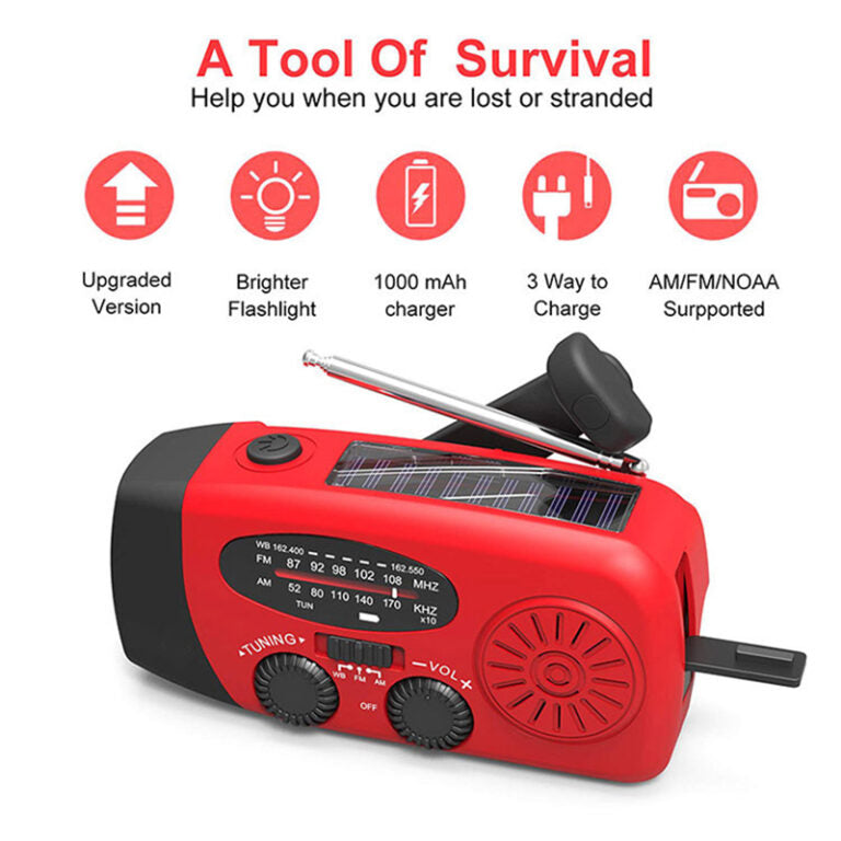 Radio d'Urgence Autonome – Manivelle, Solaire, Lampe de Poche & Batterie Externe – Radio FM/AM, Indispensable en Cas de Catastrophes et d'Urgences