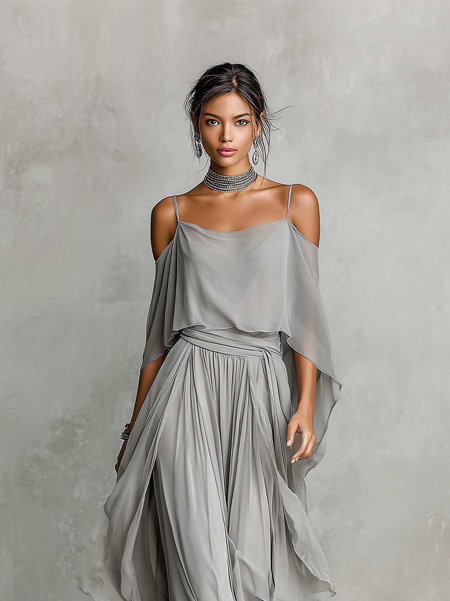Ensemble Femme Été | Ensemble en Chiffon avec Épaules Dénudées & Pantalon Palazzo