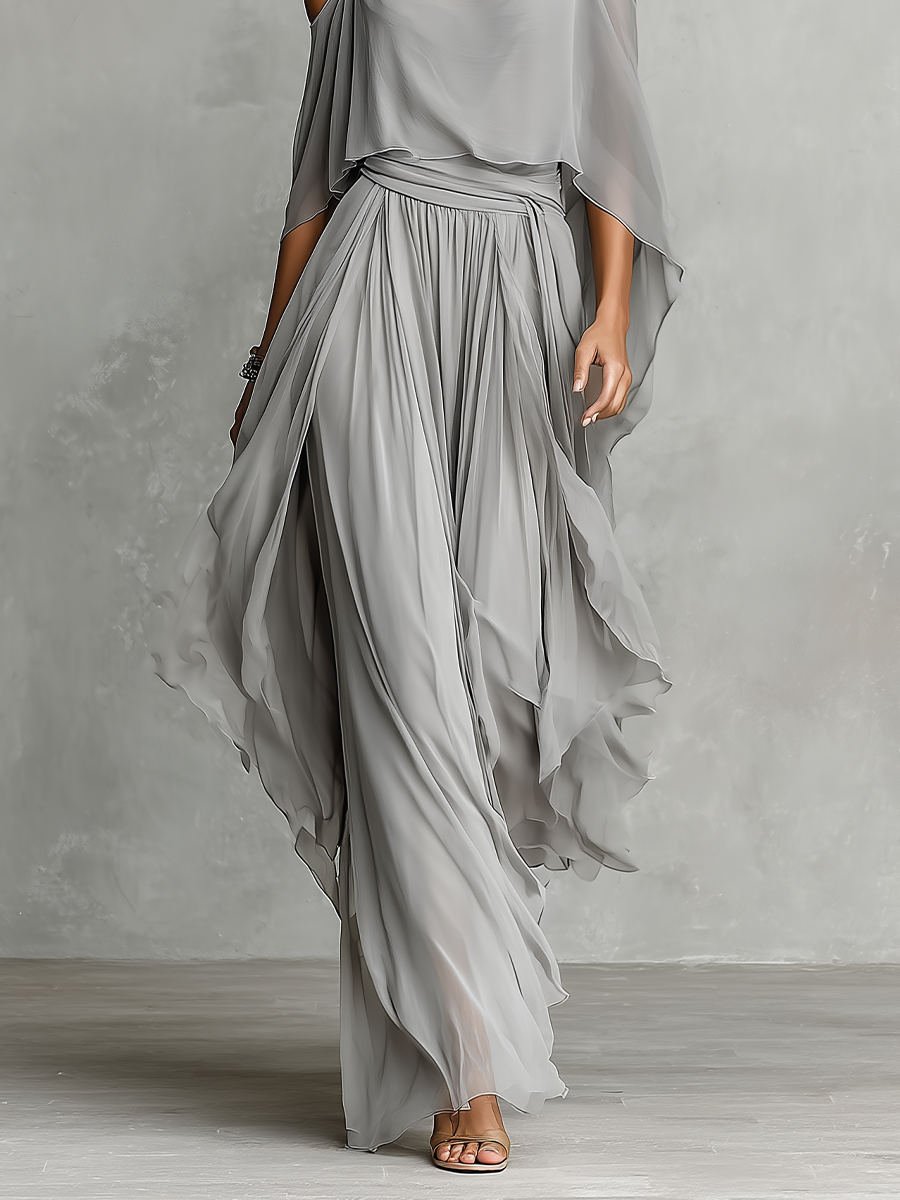 Ensemble Femme Été | Ensemble en Chiffon avec Épaules Dénudées & Pantalon Palazzo