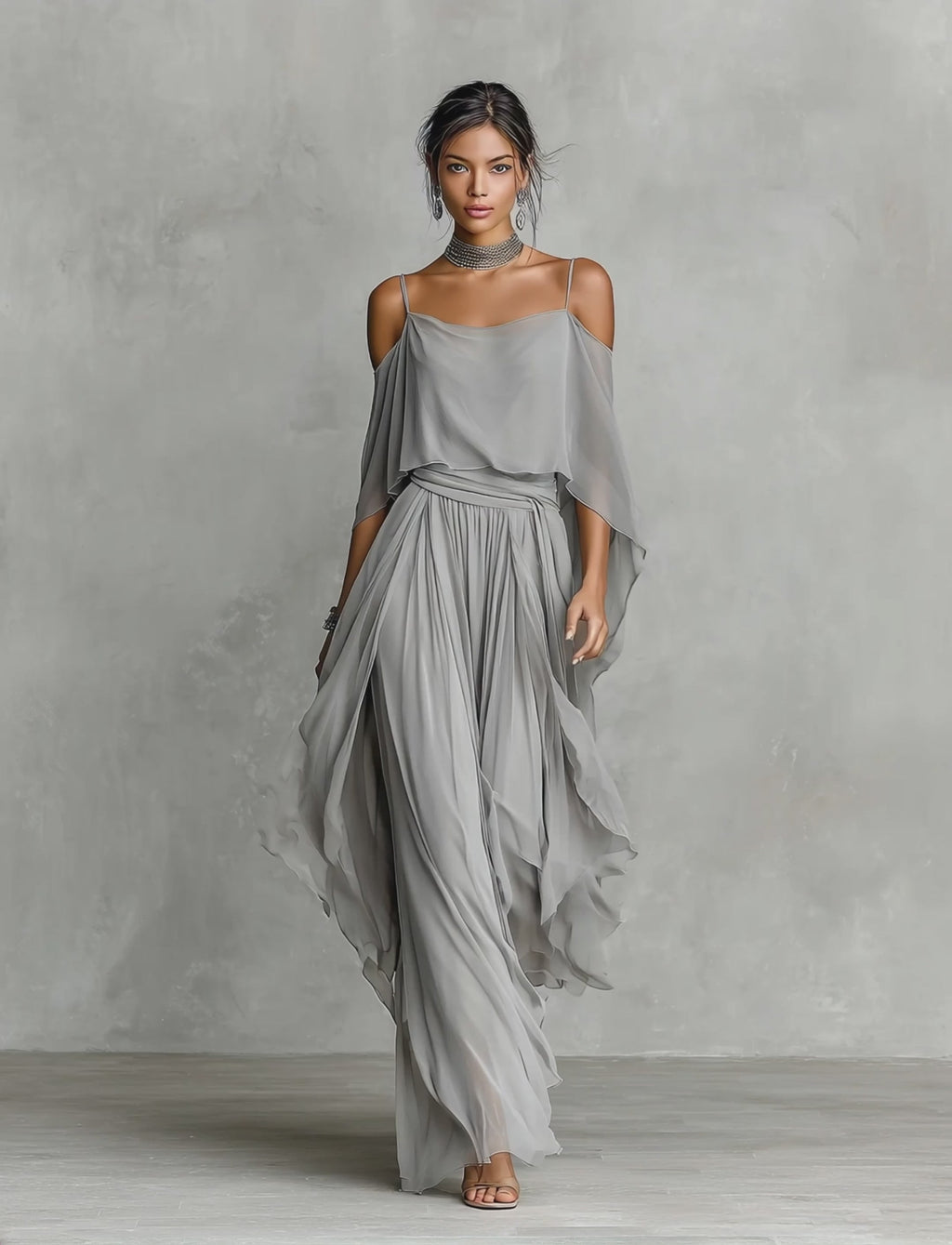 Ensemble Femme Été | Ensemble en Chiffon avec Épaules Dénudées & Pantalon Palazzo