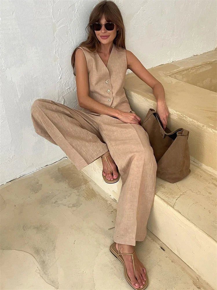 Ensemble Deux Pièces Femme | Gilet & Pantalon Large avec Détail Plissé
