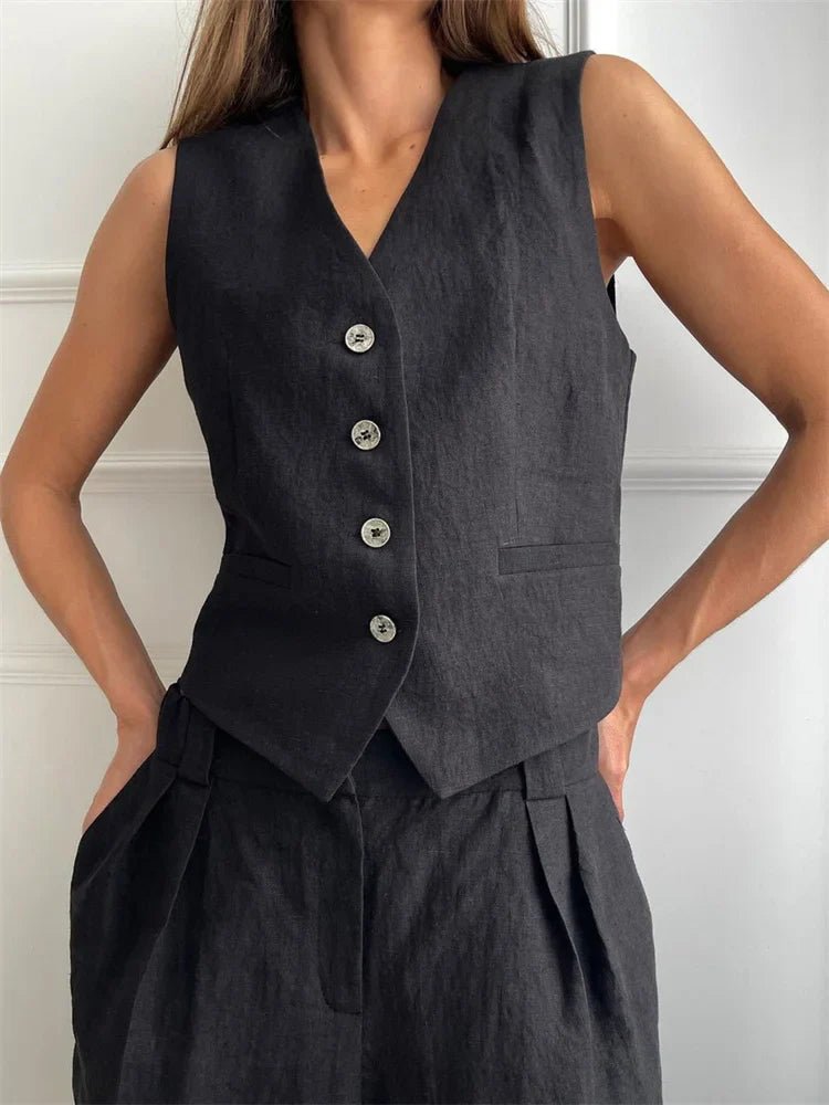 Ensemble Deux Pièces Femme | Gilet & Pantalon Large avec Détail Plissé